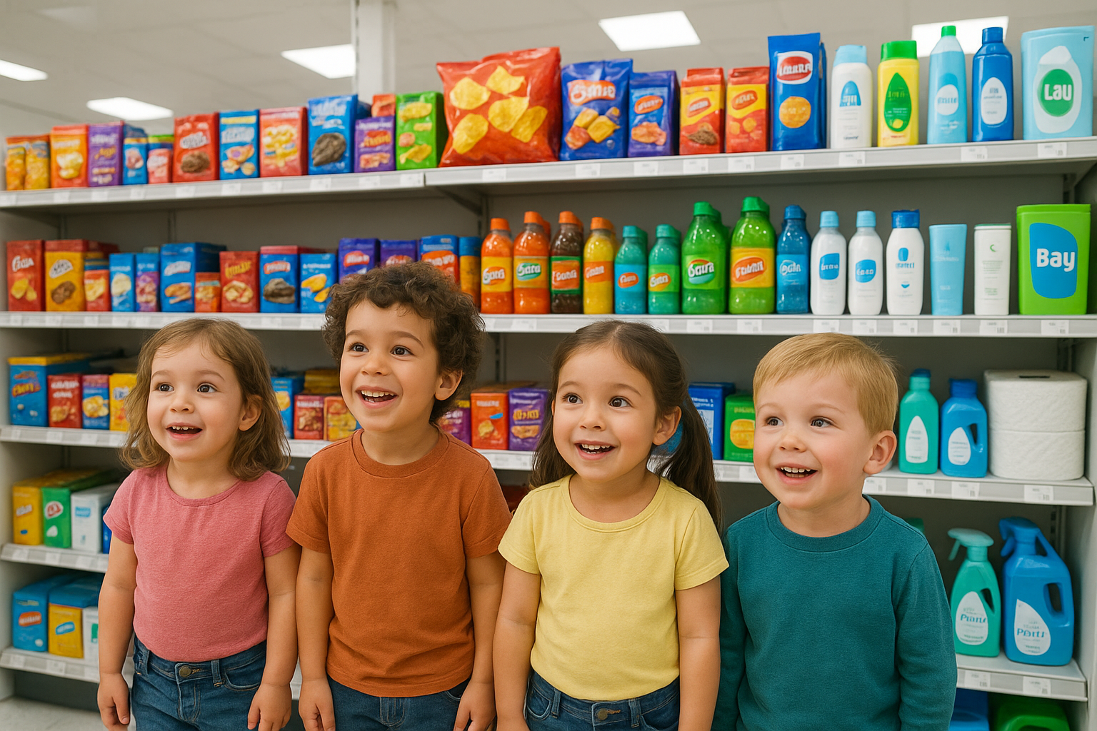 small kids standing in front of fmcg product